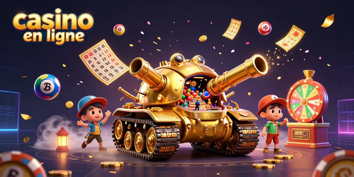 Une illustration dynamique de casino en ligne avec un tank en or et des activités ludiques.