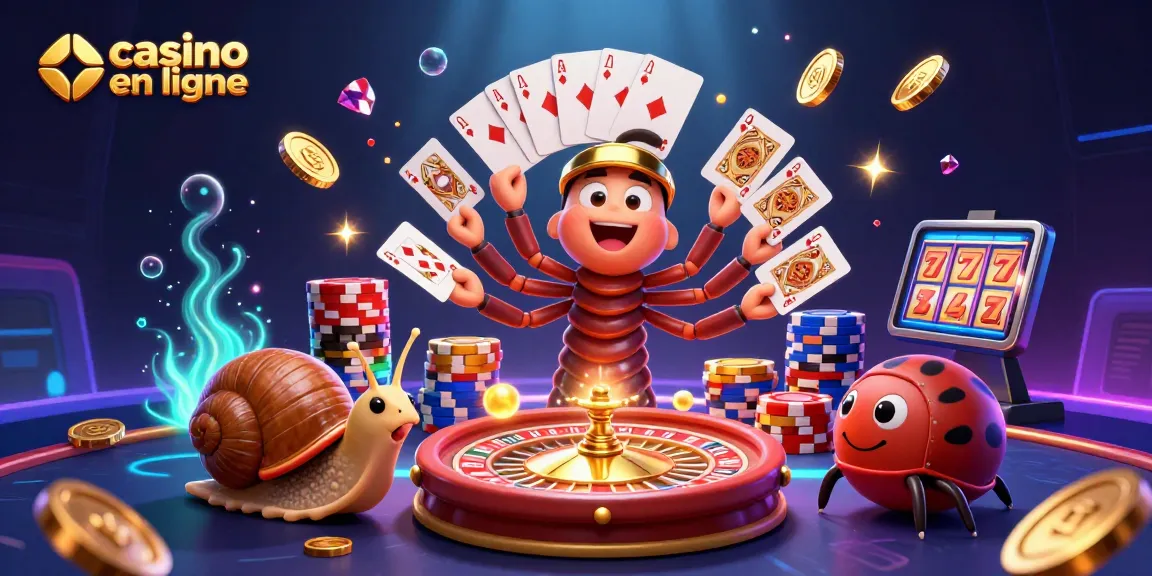 Jouez aux jeux de casino en ligne avec une illustration 3D dynamique et colorée.