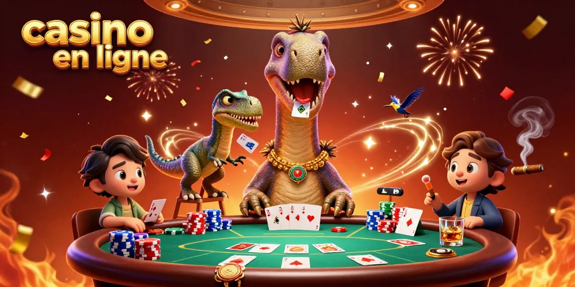 Vivez l'expérience du casino en ligne avec un brontosaurus et un raptor jouant aux cartes.