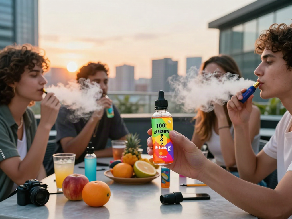 Friends enjoying alternativ ejuice at a rooftop lounge, surrounded by fruits and vape accessories.