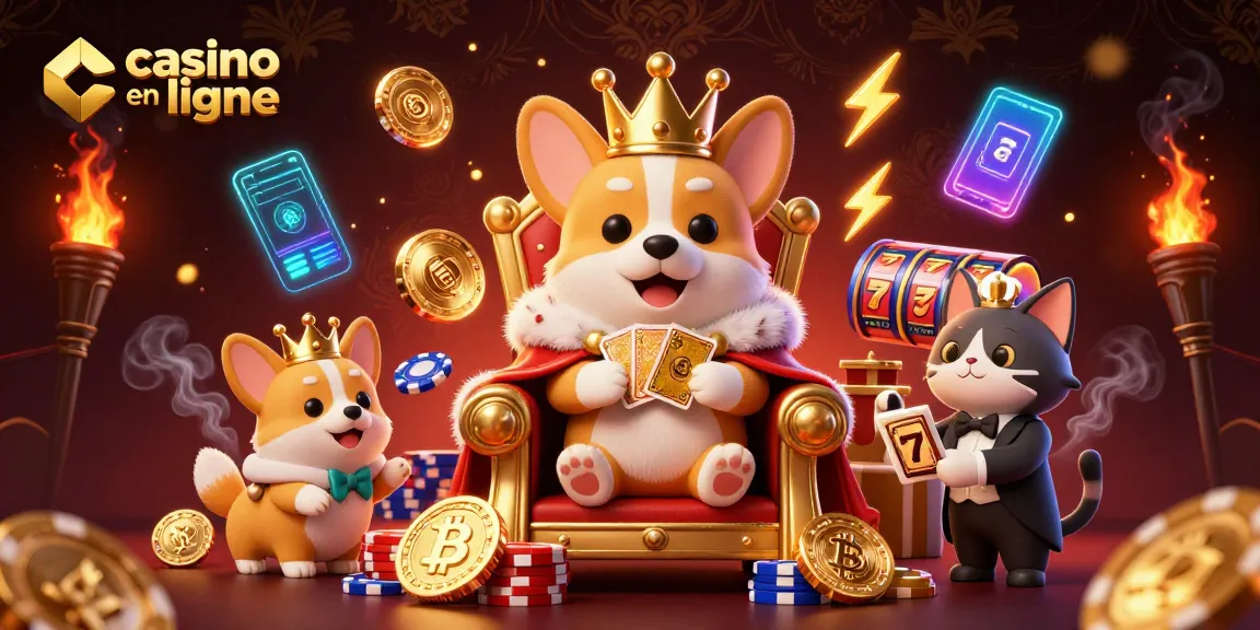 Vivez l'expérience casino en ligne avec un corgi royal sur un trône de jetons entouré de pièces de crypto-monnaie.