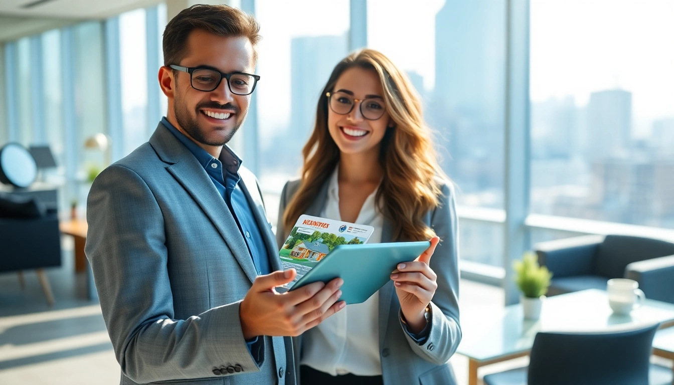 Real Estate agent discussing listings in modern office with clients.