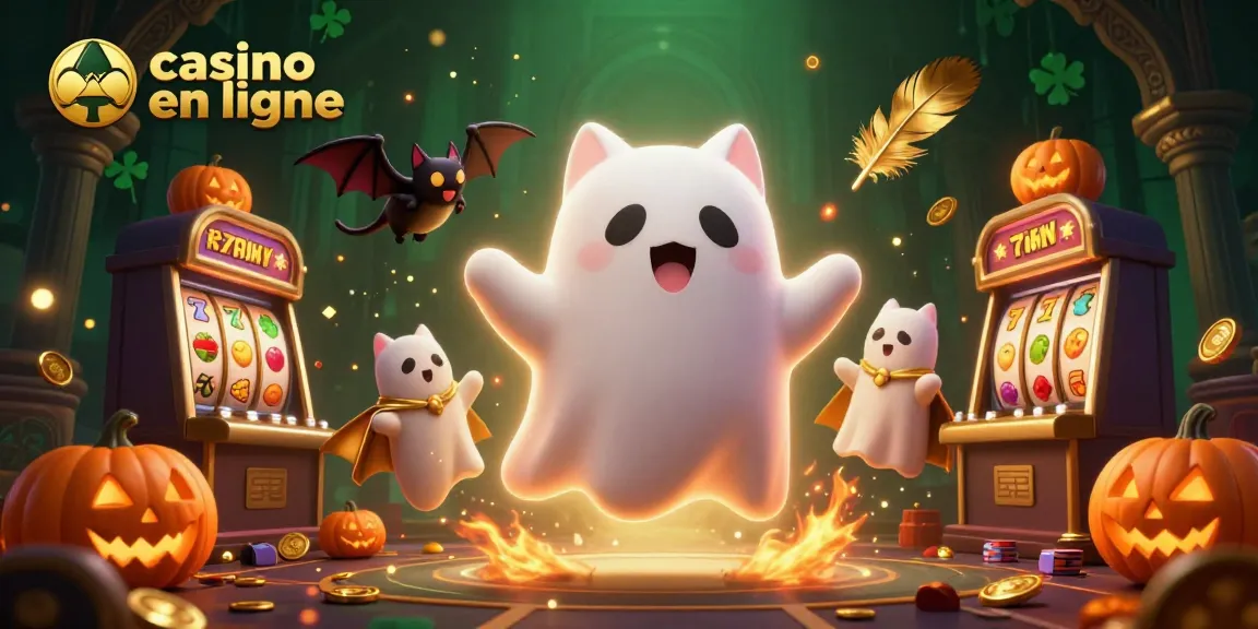 Faites l'expérience des aventures dans un casino en ligne avec notre illustration captivante d'un chat fantôme et des symboles chanceux.