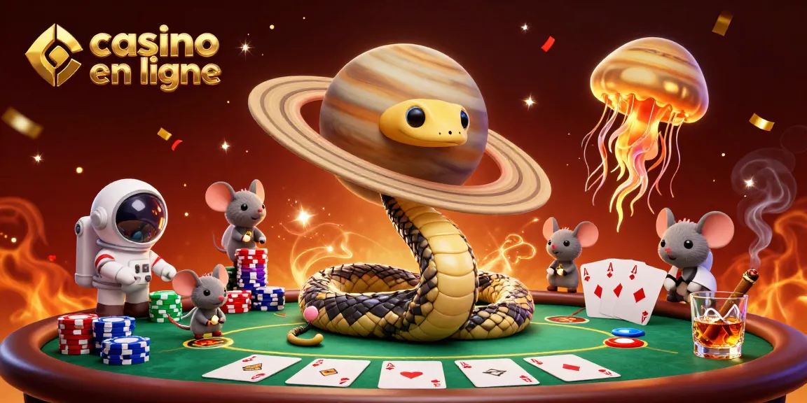 Illustration captivante avec les personnages du casino en ligne, un serpent en anneau de Saturne et des souris astronautes.
