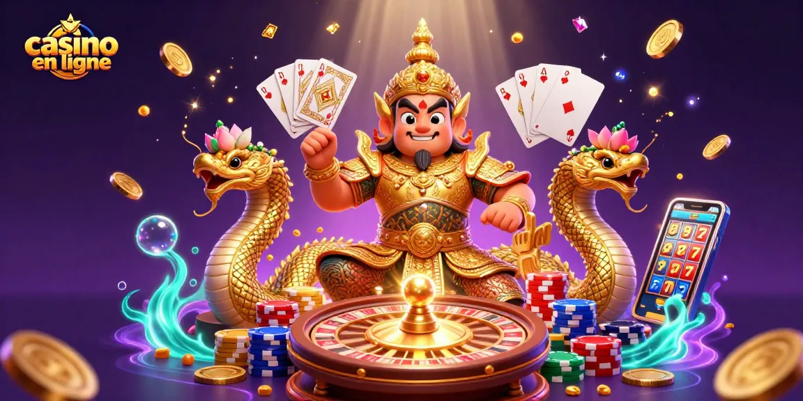 Jouez à casino en ligne avec une illustration captivante de gardiens et de pièces d'or scintillantes.
