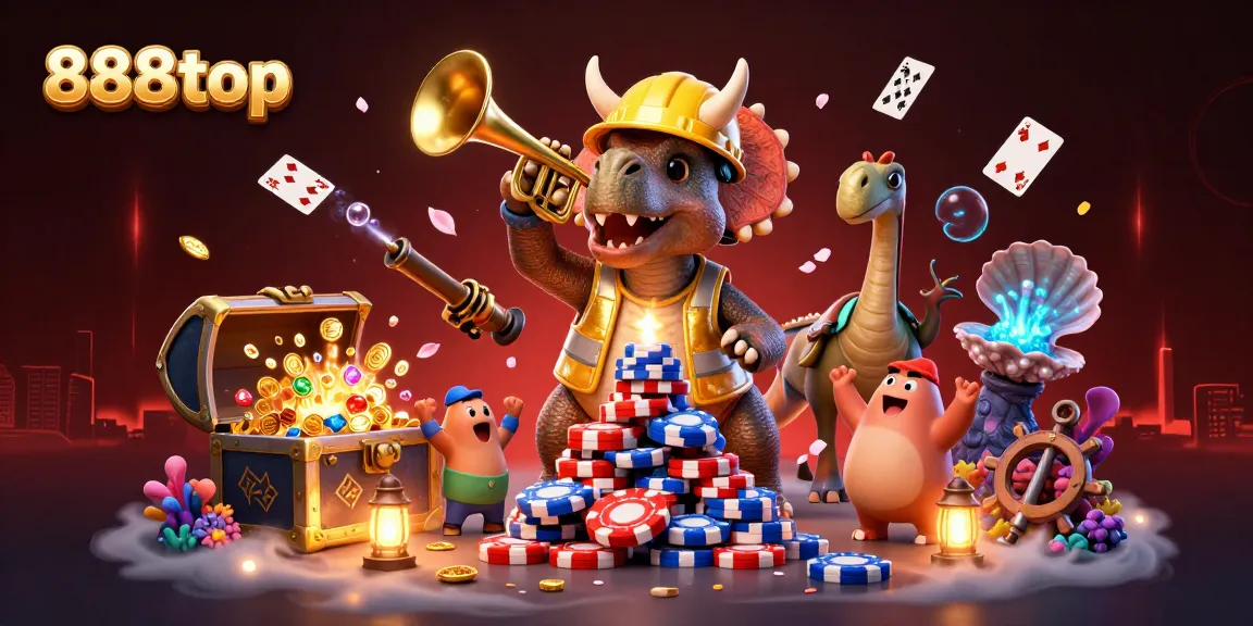 Engage with 888top's vibrant 3D casino scene showcasing a triceratops building poker chips.