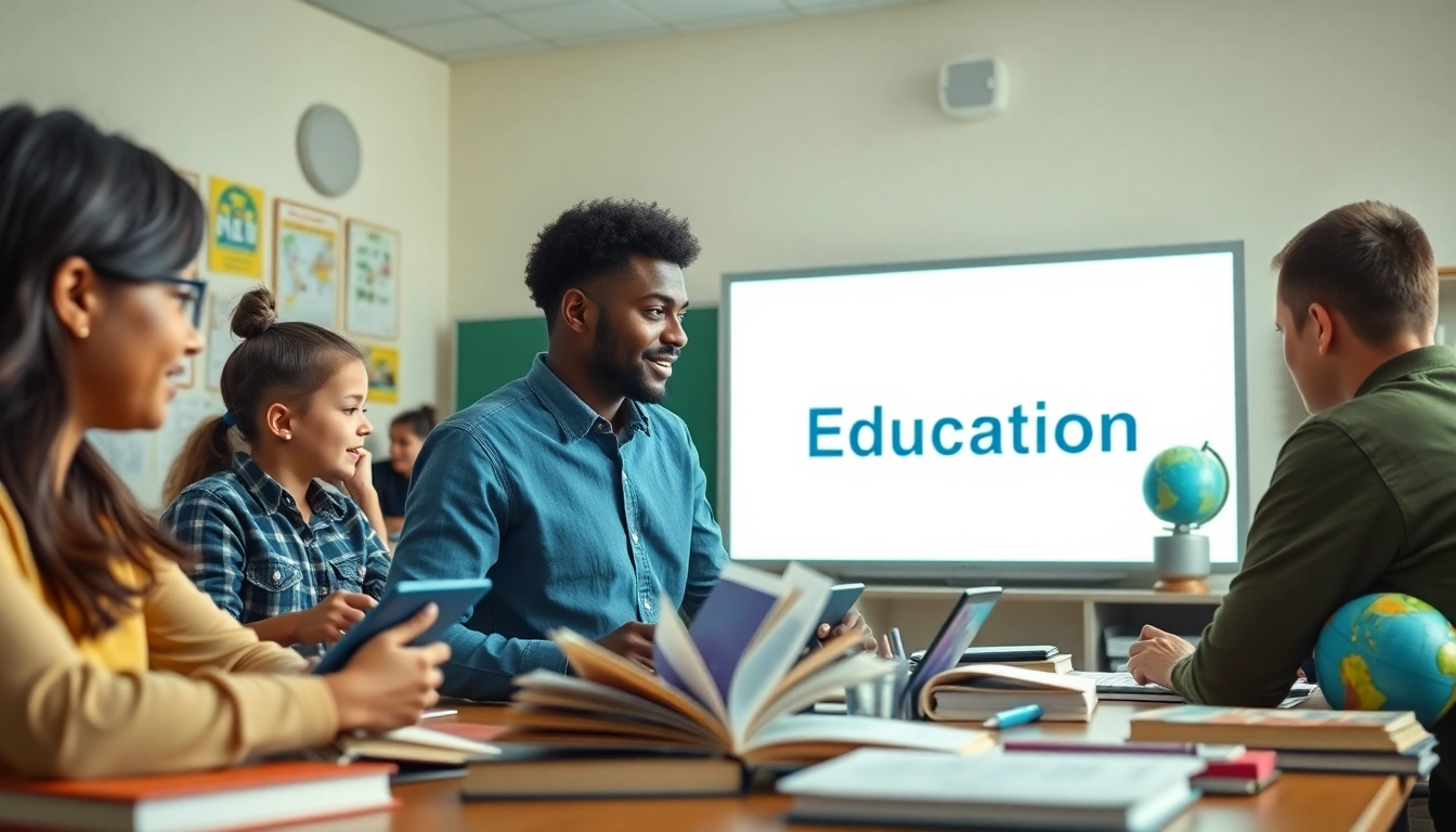 Education-focused classroom scene with diverse students collaborating and using technology.
