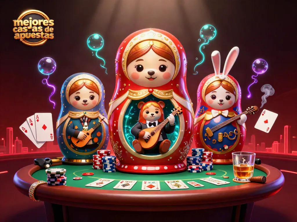 Mejores casas de apuestas: escena vibrante con un oso ruso y dealers dentro de muñecas Matryoshka.