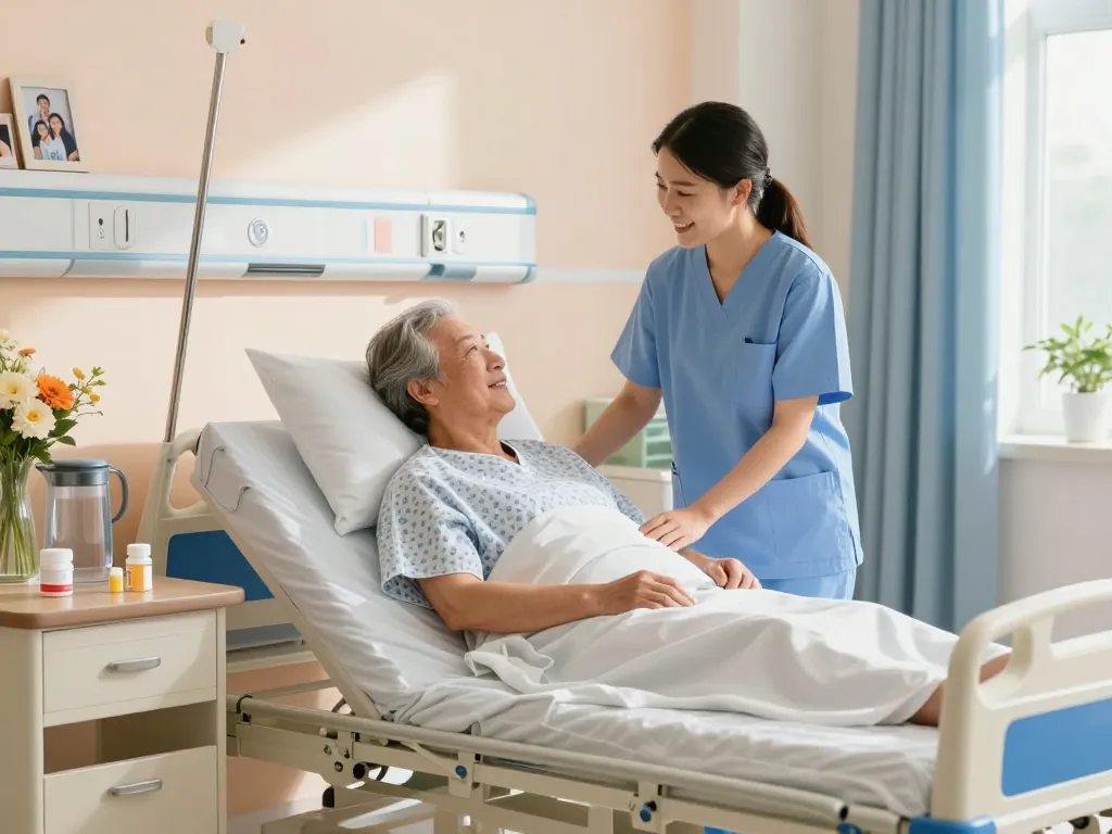 giường bệnh nhân enhancing comfort for elderly patients in a warm healthcare setting with attentive caregiver