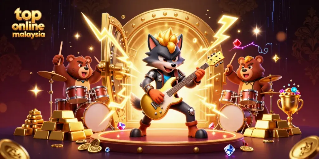 Experience top online casino Malaysia action with vibrant 3D characters amidst gold and treasure elements.