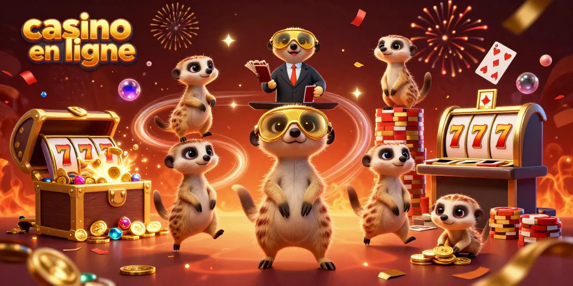 Les meerkats gèrent un casino en ligne, entourés de jeux et de richesses.