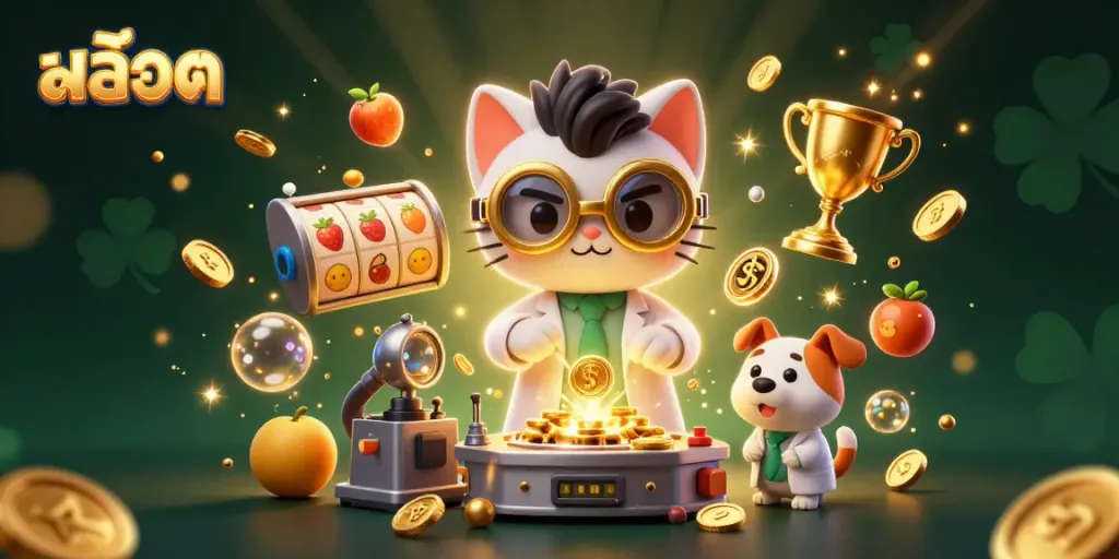 Engage with สล็อต in this dynamic cartoon illustration of a mad scientist cat creating gold coins, flanked by playful dog assistants.