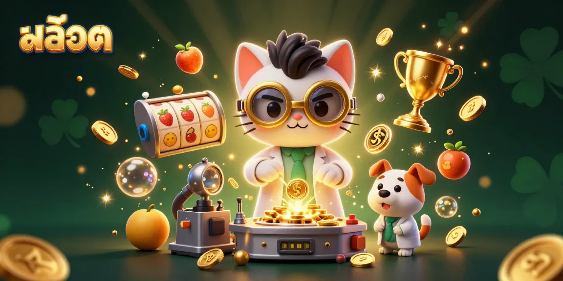 Engage with สล็อต in this dynamic cartoon illustration of a mad scientist cat creating gold coins, flanked by playful dog assistants.