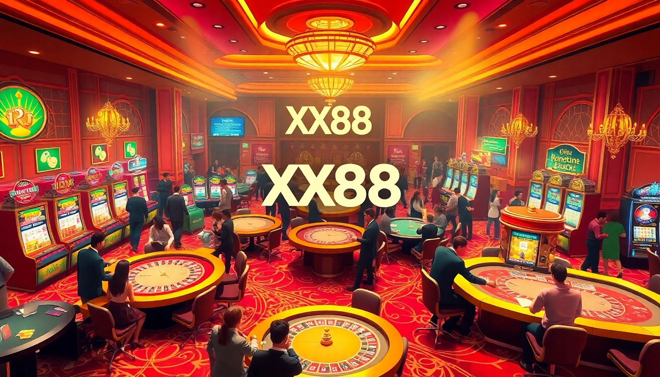 Experience thrilling moments at Nhà cái XX88 with exciting roulette and poker games illuminating the casino floor.