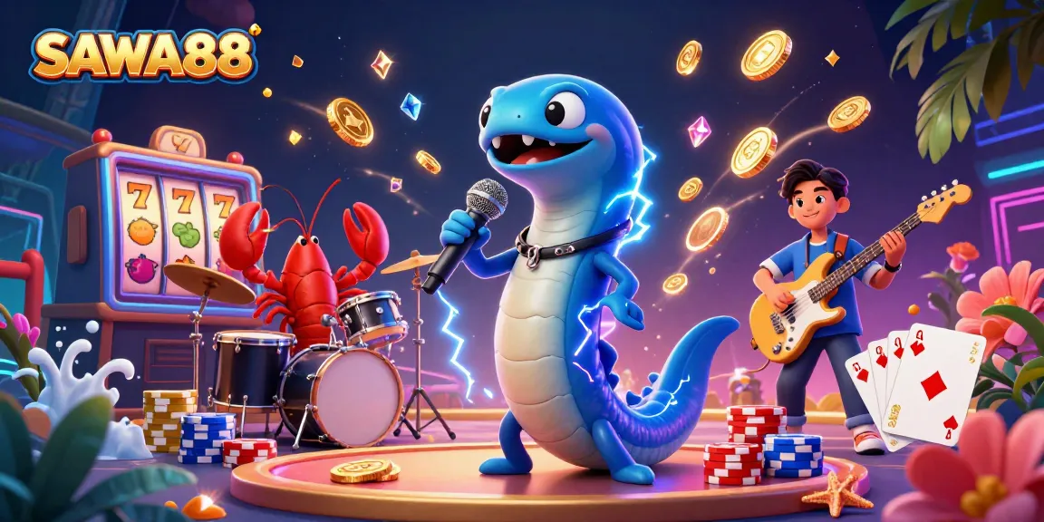 SAWA888 entertains with a vibrant underwater casino performance featuring a DJ eel and band.
