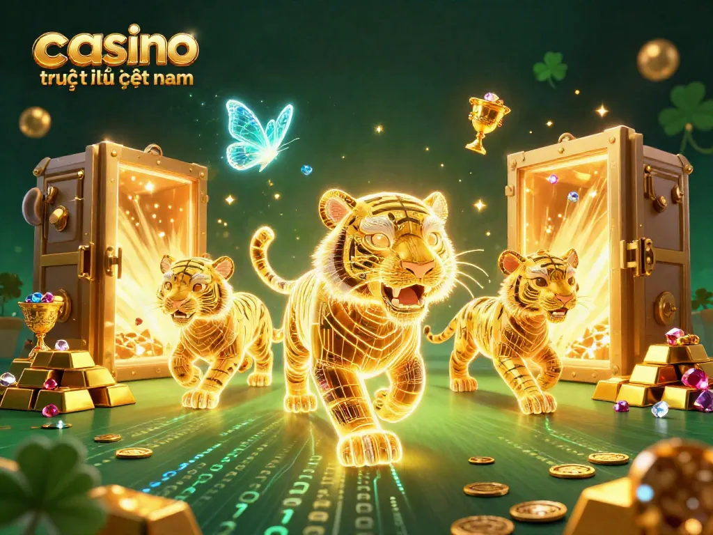 Chơi casino trực tuyến Việt Nam với hình ảnh hổ vàng ánh sáng và bạn đồng hành sống động.