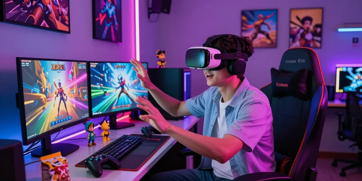 Engaging scene of gaming setup with VR headset and xxx games displayed on screens.
