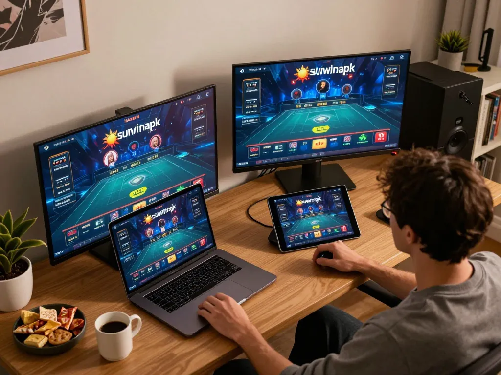 Experience exciting gameplay with sunwinapk on multiple screens at a stylish home desk.