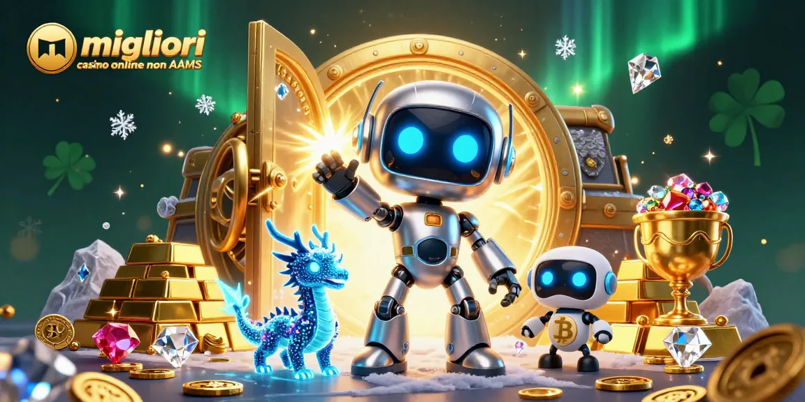 Gioca ai migliori casino online non AAMS con un robot cibernetico e un drago olografico in un'illustrazione vivace.