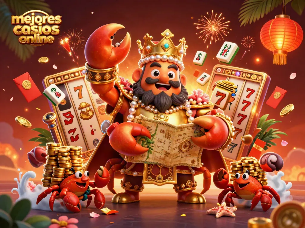 Disfruta de los mejores casinos online con un cangrejo emperador y cangrejos ermitaños rodeados de símbolos de juego.
