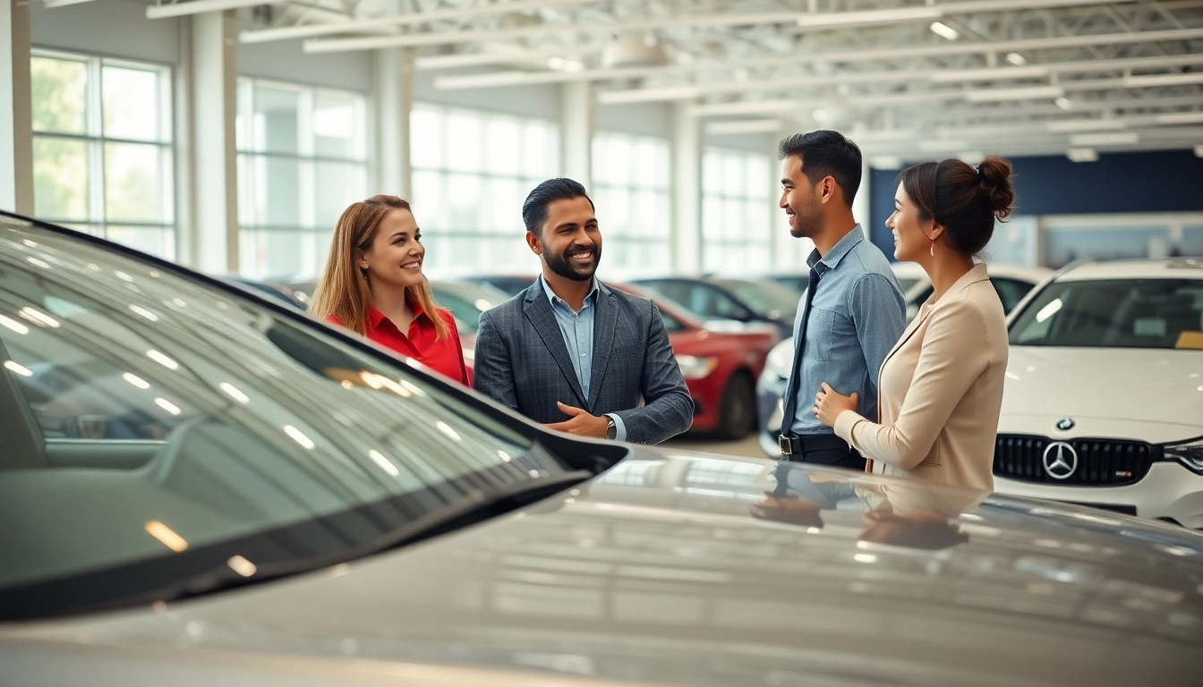 Engage and explore options to buy a car in a modern dealership setting with diverse customers.