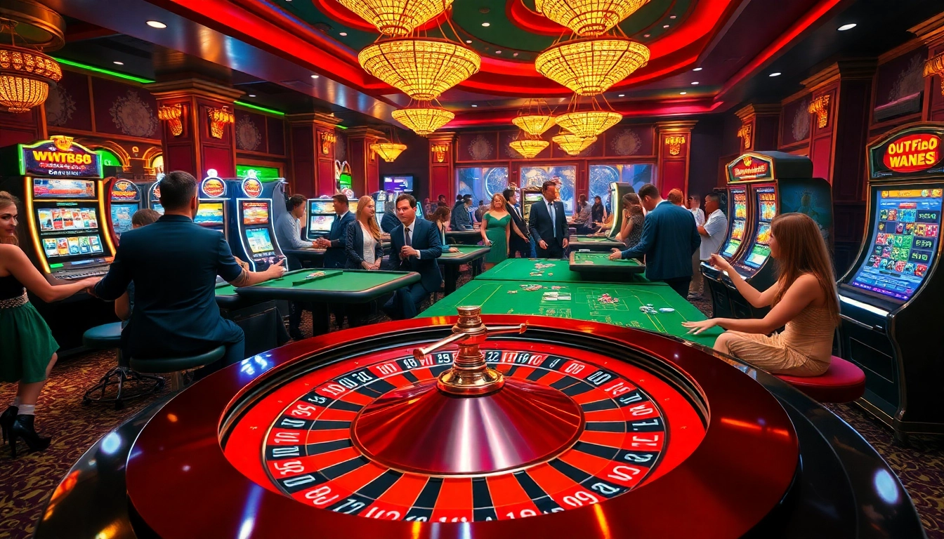 ww88 casino scene filled with excitement featuring roulette, poker chips, and vibrant slot machines.