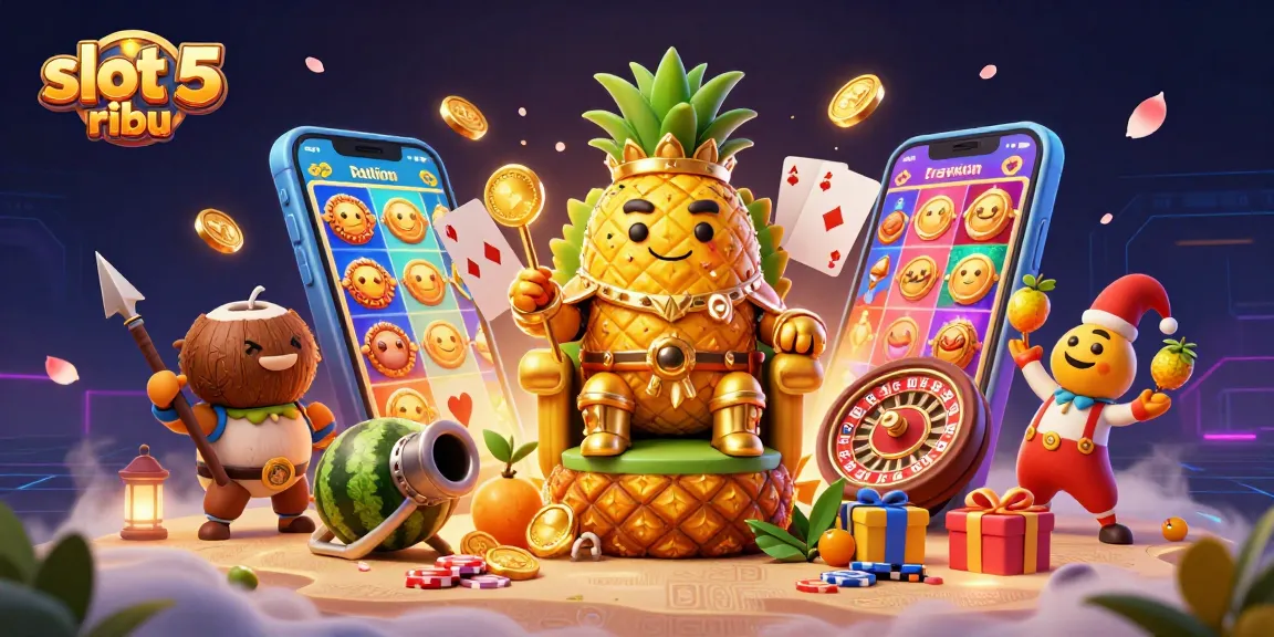 Experience the thrill of slot 5 ribu with a golden pineapple king and vibrant casino elements.