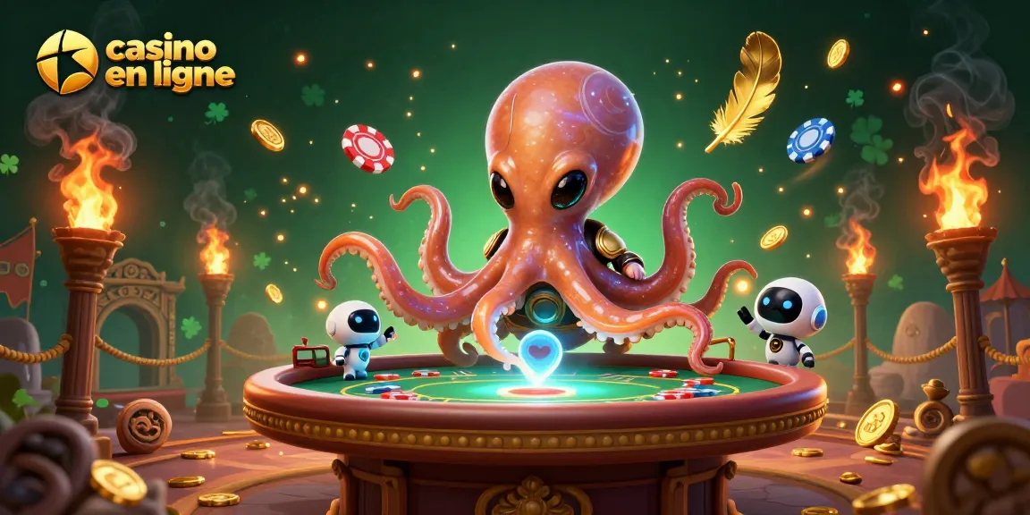 Casino en ligne : pieuvre extraterrestre animant une table de poker holographique, riche en détails.