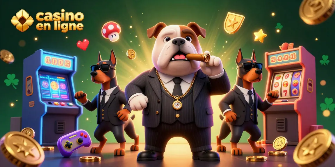 Gagnez avec l'illustration dynamique d'un casino en ligne, incluant un bulldog mafieux.