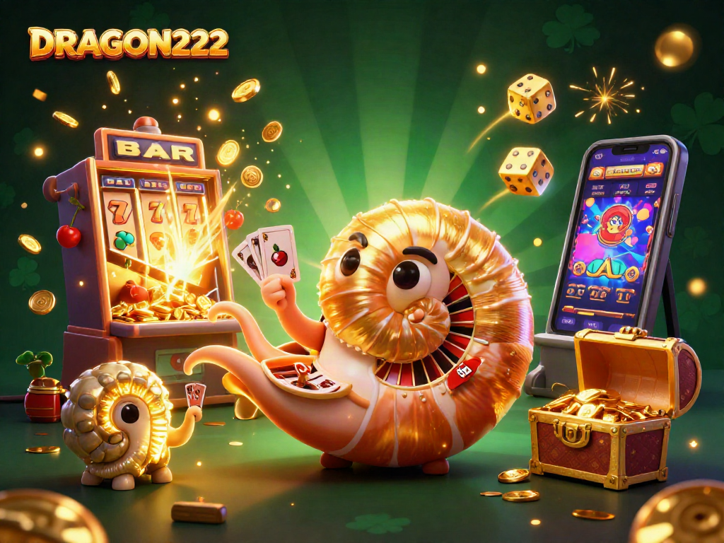 Experience the thrill of jackpots with DRAGON222's dynamic casino scene including slot machines and golden treasures.