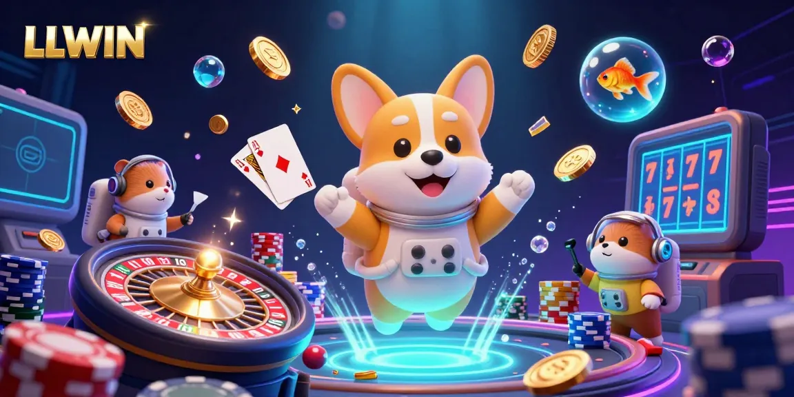 Experience the thrilling ambiance of LLWIN's casino with a 3D cartoon astronaut corgi navigating a dynamic zero-gravity scene surrounded by floating casino elements.