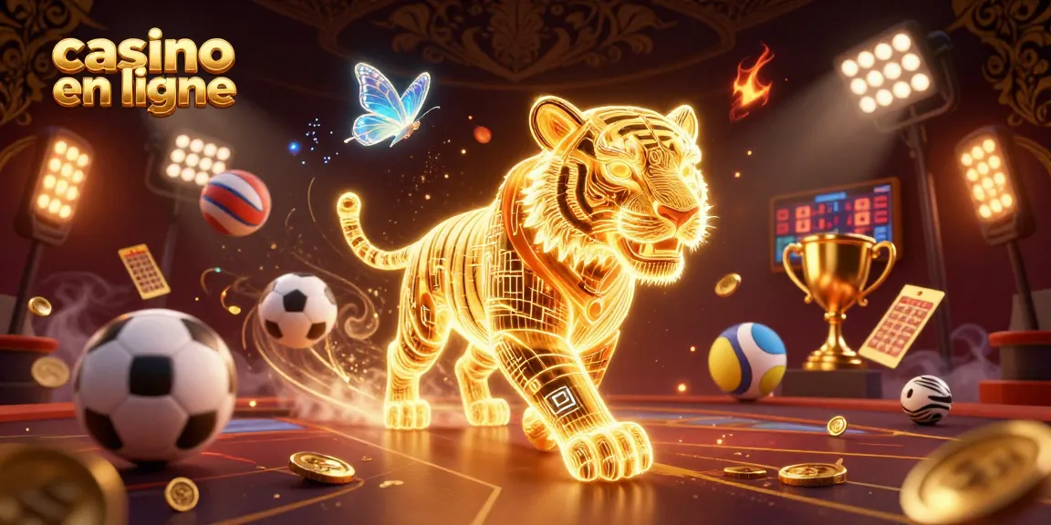 Faites monter l'excitation dans un casino en ligne vibrant avec un tigre d'or lumineux et des éléments sportifs dynamiques.