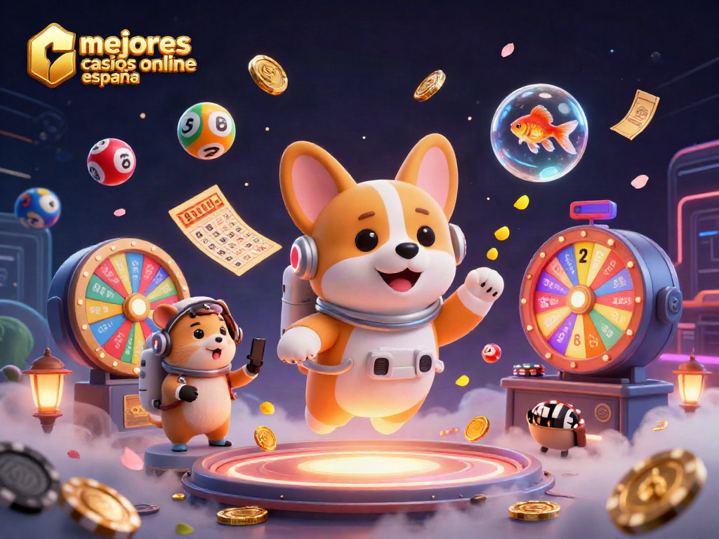 Iluminación de los mejores casinos online en España mostrando un corgi astronauta en un casino espacial con elementos de juego vibrantes.