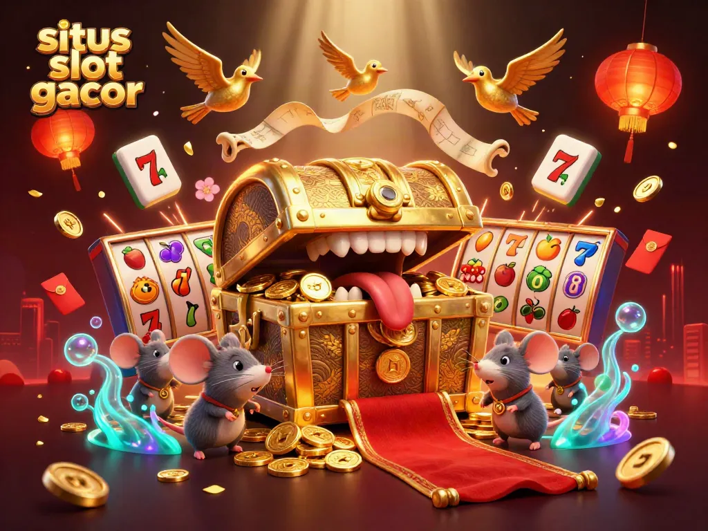 Menarik perhatian dengan situs slot gacor, ilustrasi warna-warni dari peti harta karun dengan simbol jackpot dan elemen permainan slot menarik lainnya.