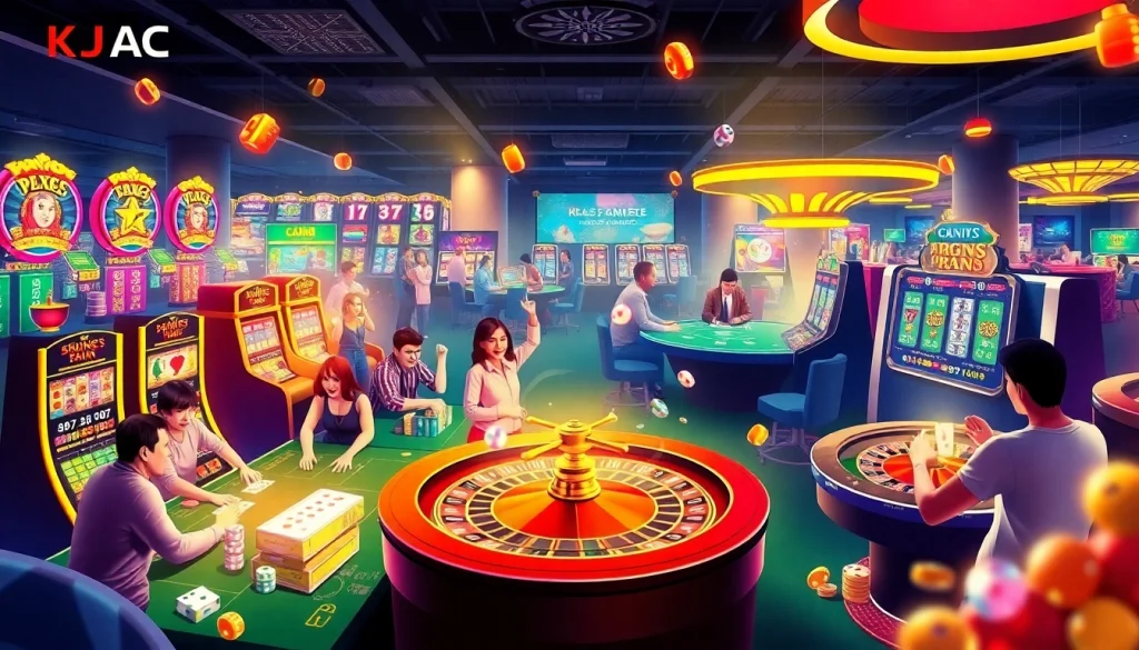 KJC AC casino vibrant atmosphere showcasing poker tables, slot machines, and players celebrating wins