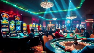 A lively casino scene with KJC AC showcasing poker tables, slot machines, and excited players enjoying their experience.