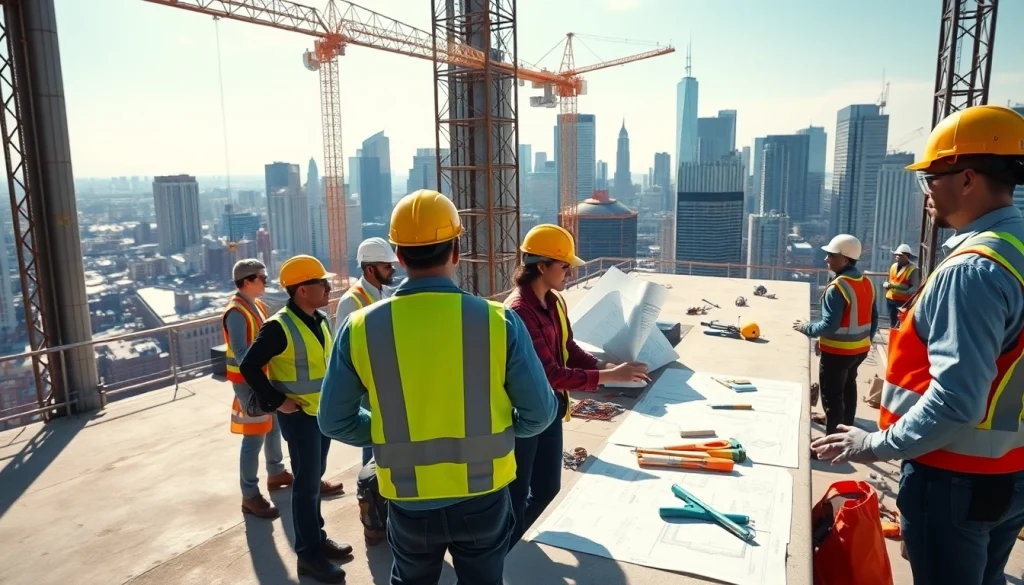 Team of New York City General Contractor professionals collaborating at a bustling construction site.