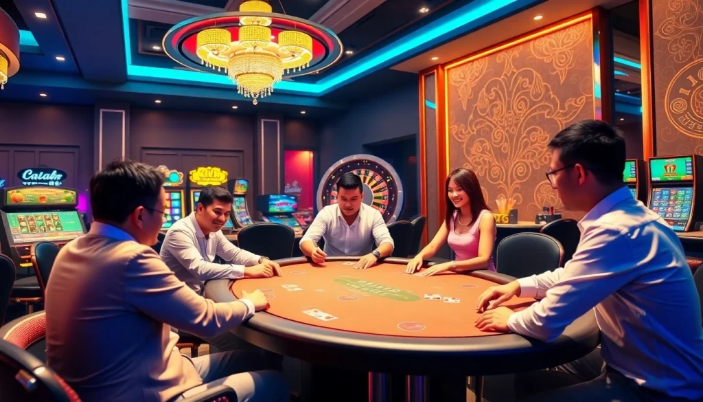 Dynamic gambling scene illustrating players at KJC AC casino tables with cards and slot machines.