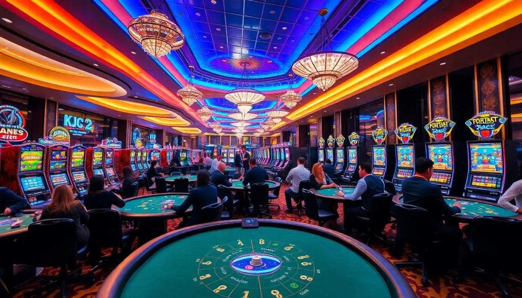 KJC AC casino scene with players at blackjack and roulette tables, showcasing the excitement of gambling.
