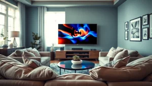 Watch shows on iron tv with a cozy home theater setting featuring a modern living room.