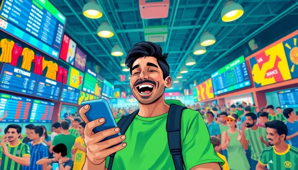 Bettor engaged with smartphone showcasing best sports betting sites Brazil in a vibrant betting atmosphere