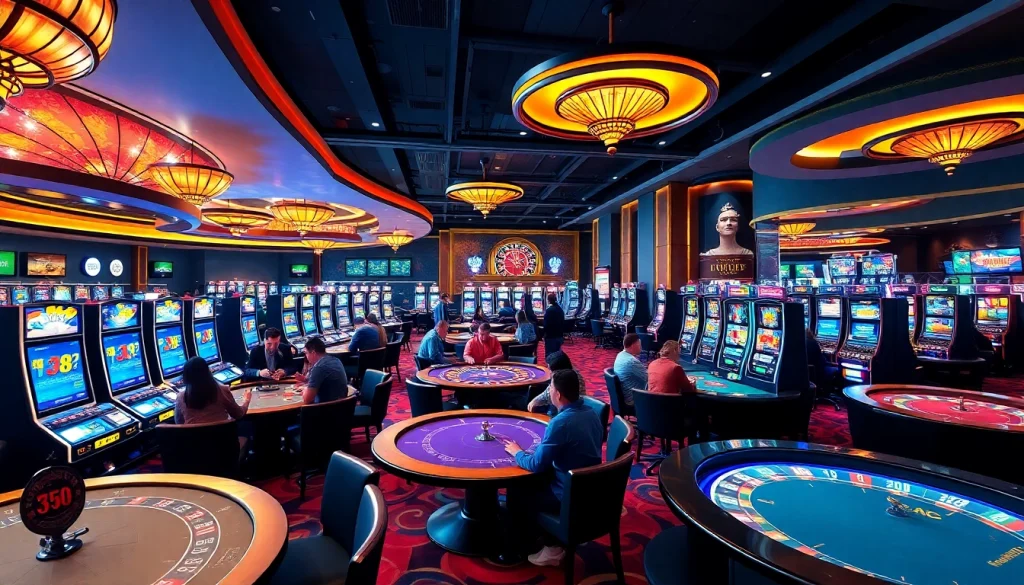 Vibrant casino atmosphere with gaming tables and KJC AC logo.