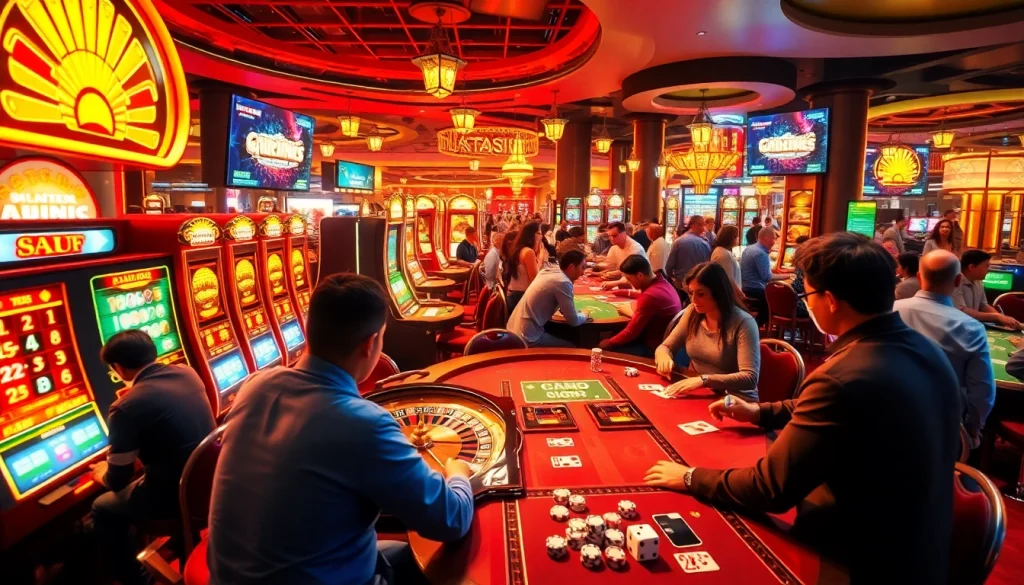 Experience the thrilling atmosphere of mm88 video gaming with players at a vibrant casino table, cards flying and chips stacked high.