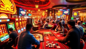 Experience the thrilling atmosphere of mm88 video gaming with players at a vibrant casino table, cards flying and chips stacked high.