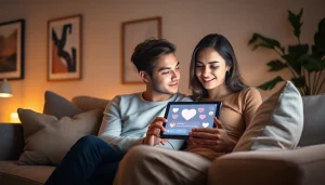 Engaging scene of a couple using a sex ai chat on a tablet in a cozy setting.