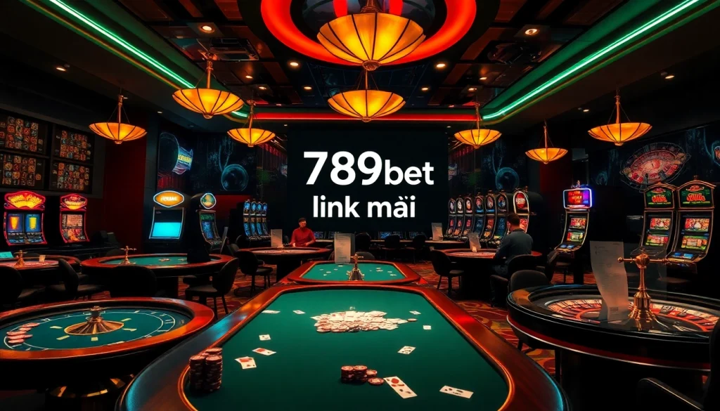 Catch the thrill of gaming with 789bet link mới in a vibrant casino atmosphere showcasing poker and slot machines.