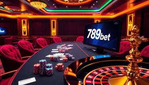 Experience the thrill of 789bet with an elegant casino scene featuring poker chips and a roulette wheel.