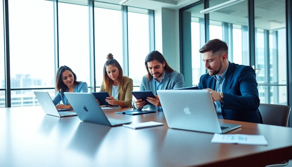 Analyze competitor pricing strategies with a diverse team in a modern office.