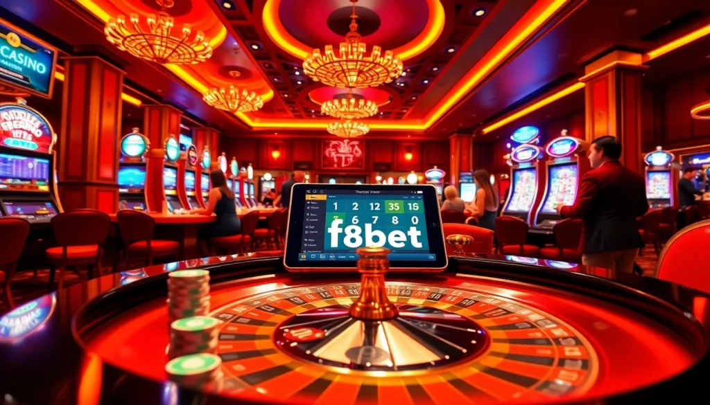 Experience the excitement of f8bet at a luxurious casino filled with vibrant gaming tables and slot machines.