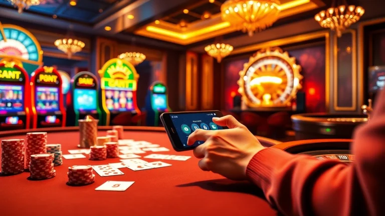 An exciting casino scene showcasing the app 8kbet with vibrant slot machines and poker action.